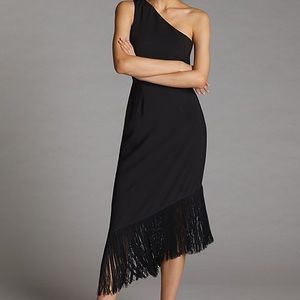 ANTHROPOLOGIE black one shoulder dress with fringe bottom, Worn once